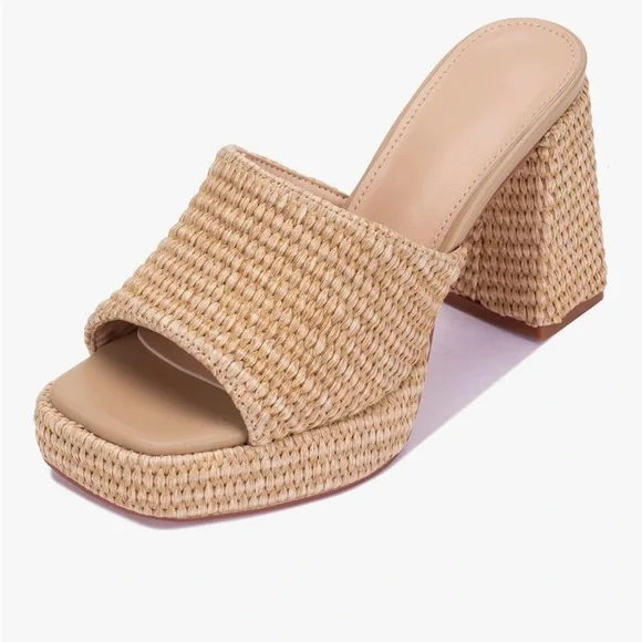 Elegant Tan Woven Block Summer Spring Heel Sandals - Picture 2 of 13